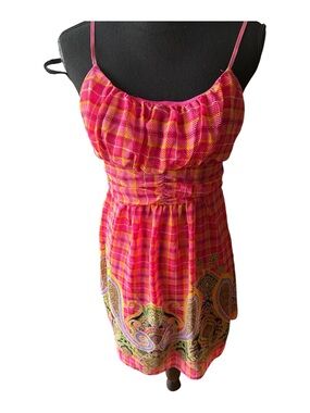 Vintage Chesley Pink Orange Plaid Paisley Border Sleeveless Dress Size L Boho